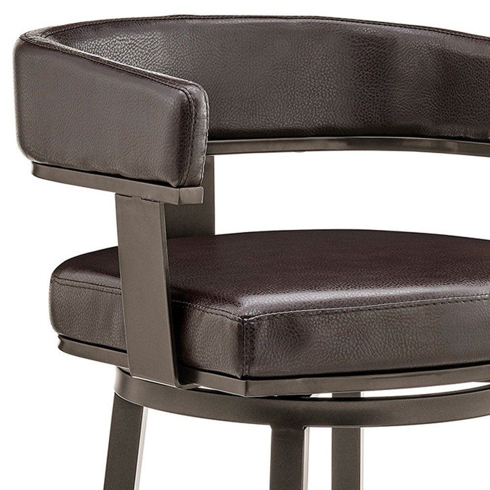 26" Chocolate And Gray Faux Leather And Faux Leather And Iron Low Back Counter Height Swivel Bar Chair