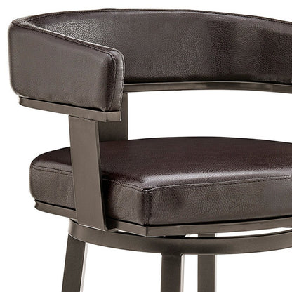 26" Chocolate And Gray Faux Leather And Faux Leather And Iron Low Back Counter Height Swivel Bar Chair
