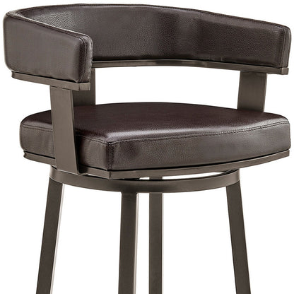 26" Chocolate And Gray Faux Leather And Iron Swivel Low Back Counter Height Bar Chair