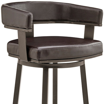 26" Chocolate And Gray Faux Leather And Faux Leather And Iron Low Back Counter Height Swivel Bar Chair