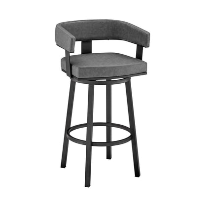 26" Gray And Black Faux Leather And Fabric And Iron Low Back Counter Height Swivel Bar Chair