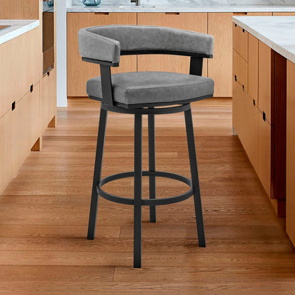 26" Gray And Black Faux Leather And Fabric And Iron Low Back Counter Height Swivel Bar Chair
