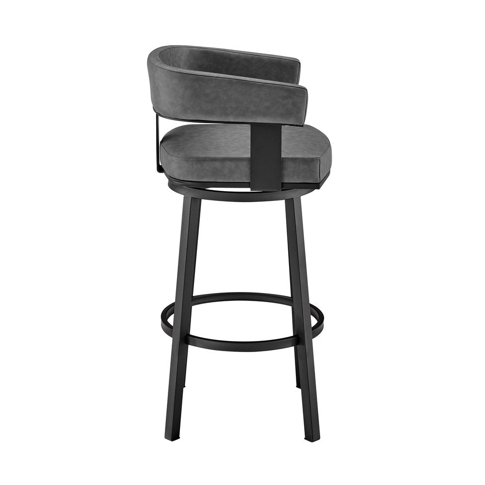 26" Gray And Black Faux Leather And Fabric And Iron Low Back Counter Height Swivel Bar Chair