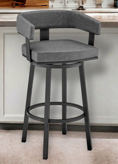 26" Gray And Black Faux Leather And Iron Swivel Low Back Counter Height Bar Chair