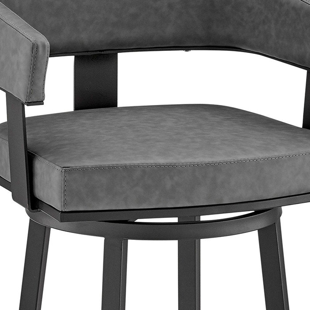 26" Gray And Black Faux Leather And Fabric And Iron Low Back Counter Height Swivel Bar Chair