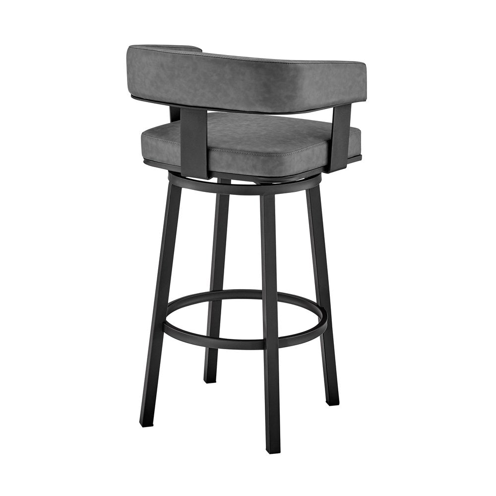 30" Gray and Black Faux Leather and Iron Low Back Bar Height Swivel Bar Chair