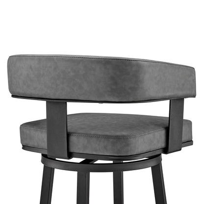 30" Gray And Black Fabric And Iron Low Back Bar Height Swivel Bar Chair