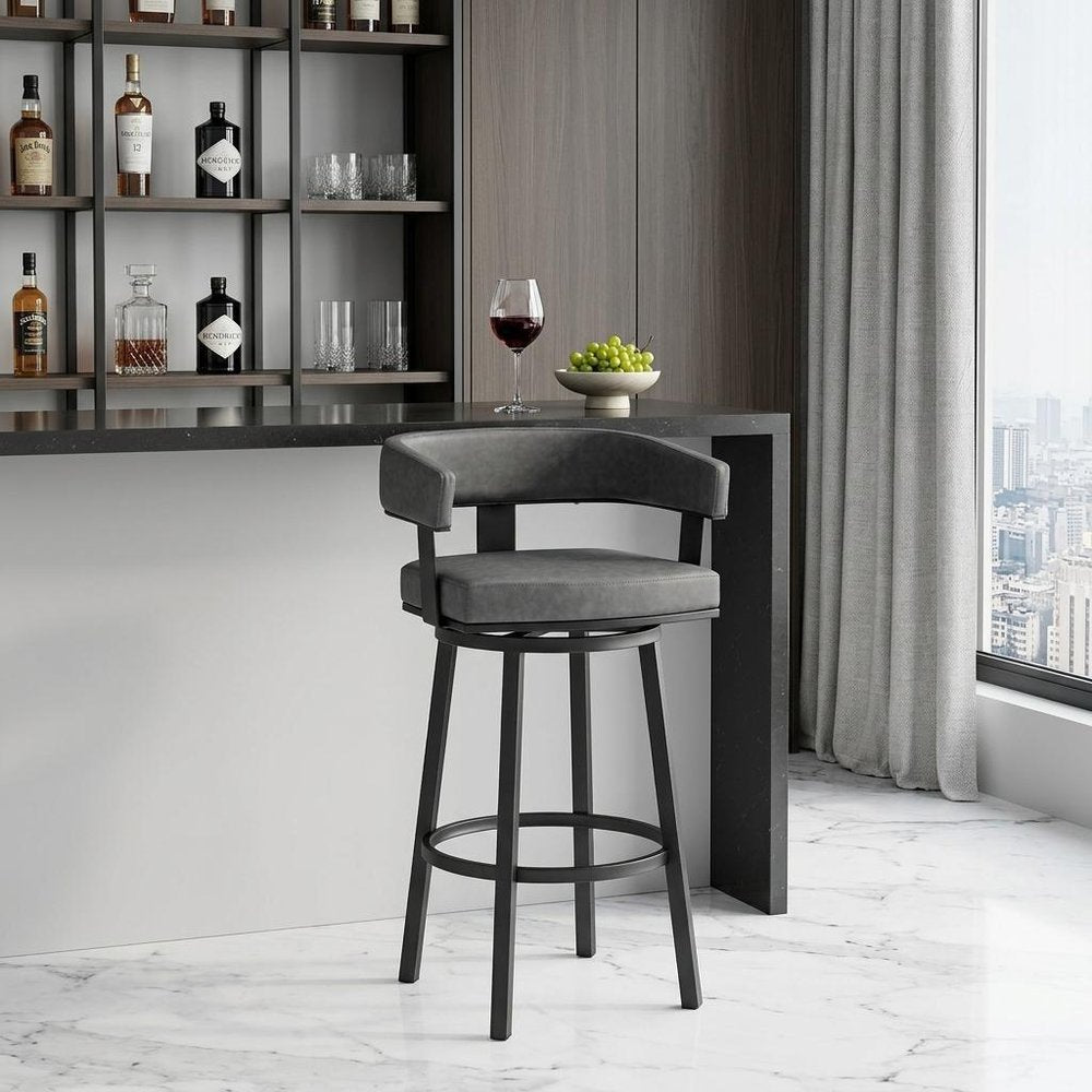 30" Gray and Black Faux Leather and Iron Low Back Bar Height Swivel Bar Chair