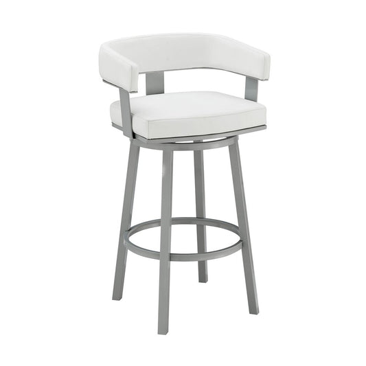 26" White And Gray Faux Leather And Fabric And Iron Low Back Counter Height Swivel Bar Chair