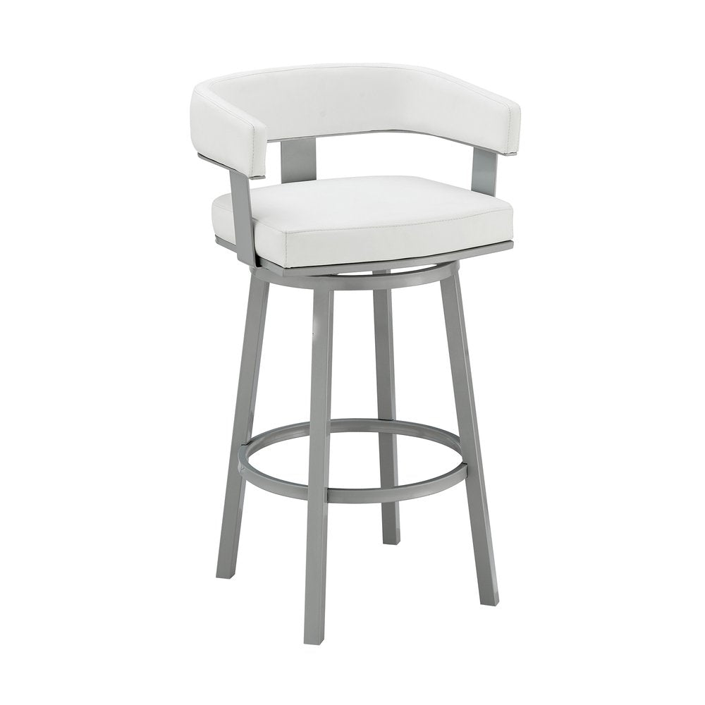 26" White And Gray Faux Leather And Fabric And Iron Low Back Counter Height Swivel Bar Chair