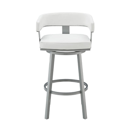 26" White And Gray Faux Leather And Fabric And Iron Low Back Counter Height Swivel Bar Chair