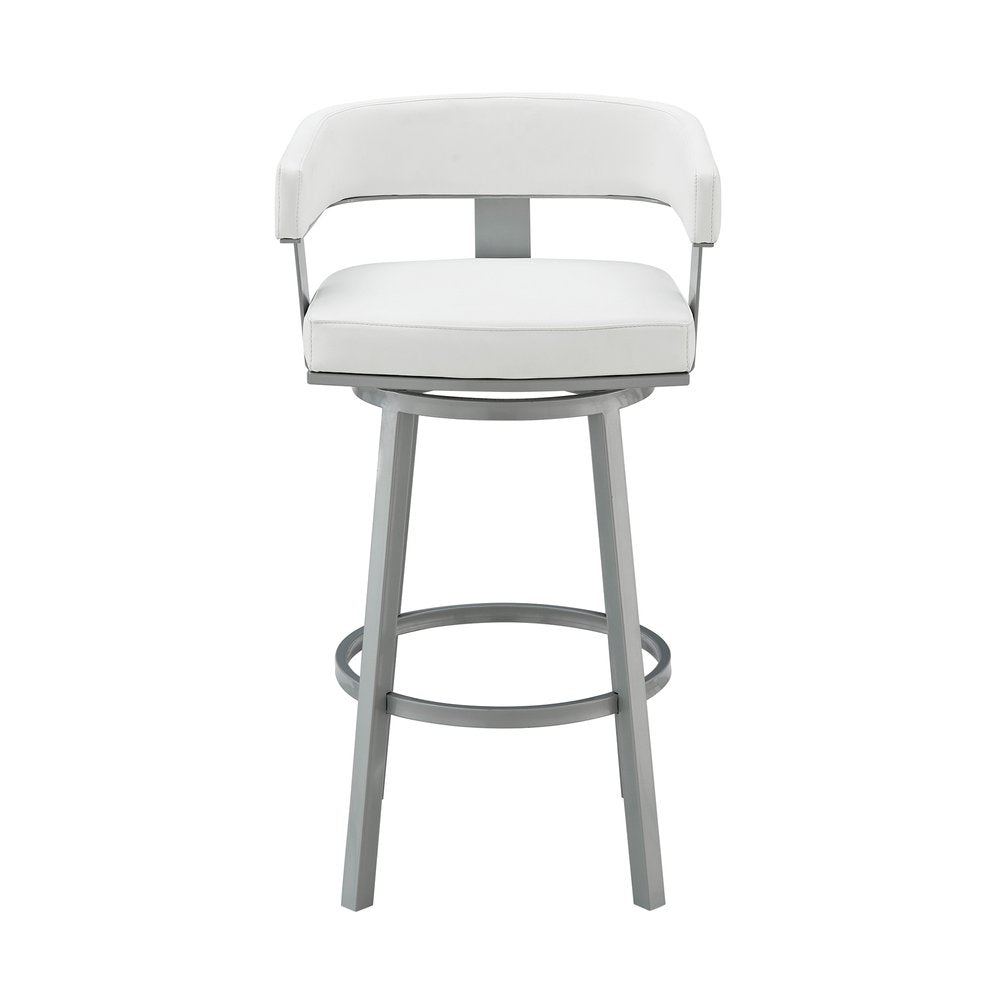 26" White And Gray Faux Leather And Fabric And Iron Low Back Counter Height Swivel Bar Chair