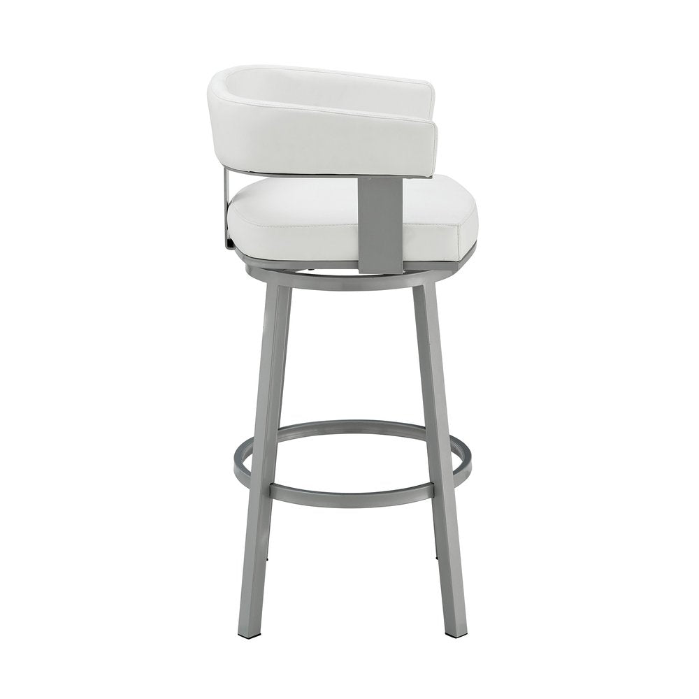 26" White And Gray Faux Leather And Fabric And Iron Low Back Counter Height Swivel Bar Chair