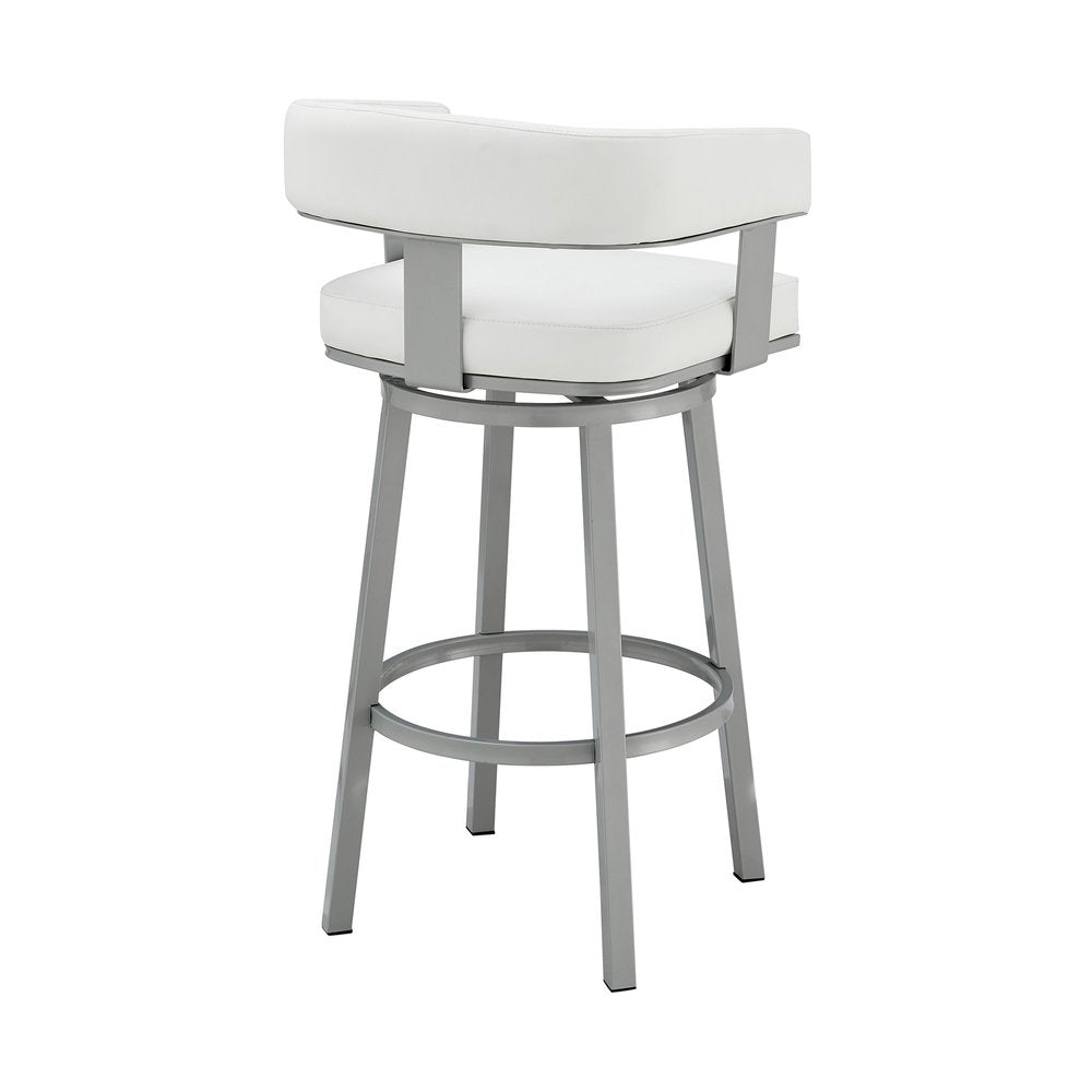 26" White And Gray Faux Leather And Fabric And Iron Low Back Counter Height Swivel Bar Chair