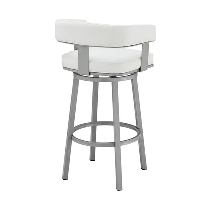 26" White And Gray Faux Leather And Fabric And Iron Low Back Counter Height Swivel Bar Chair