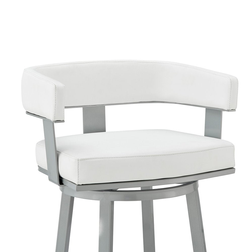 26" White And Gray Faux Leather And Fabric And Iron Low Back Counter Height Swivel Bar Chair
