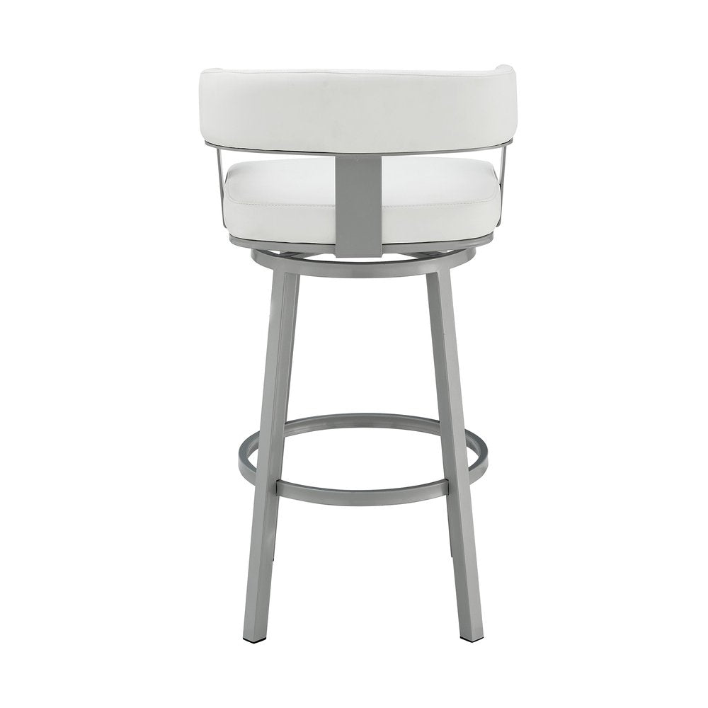 26" White And Gray Faux Leather And Fabric And Iron Low Back Counter Height Swivel Bar Chair