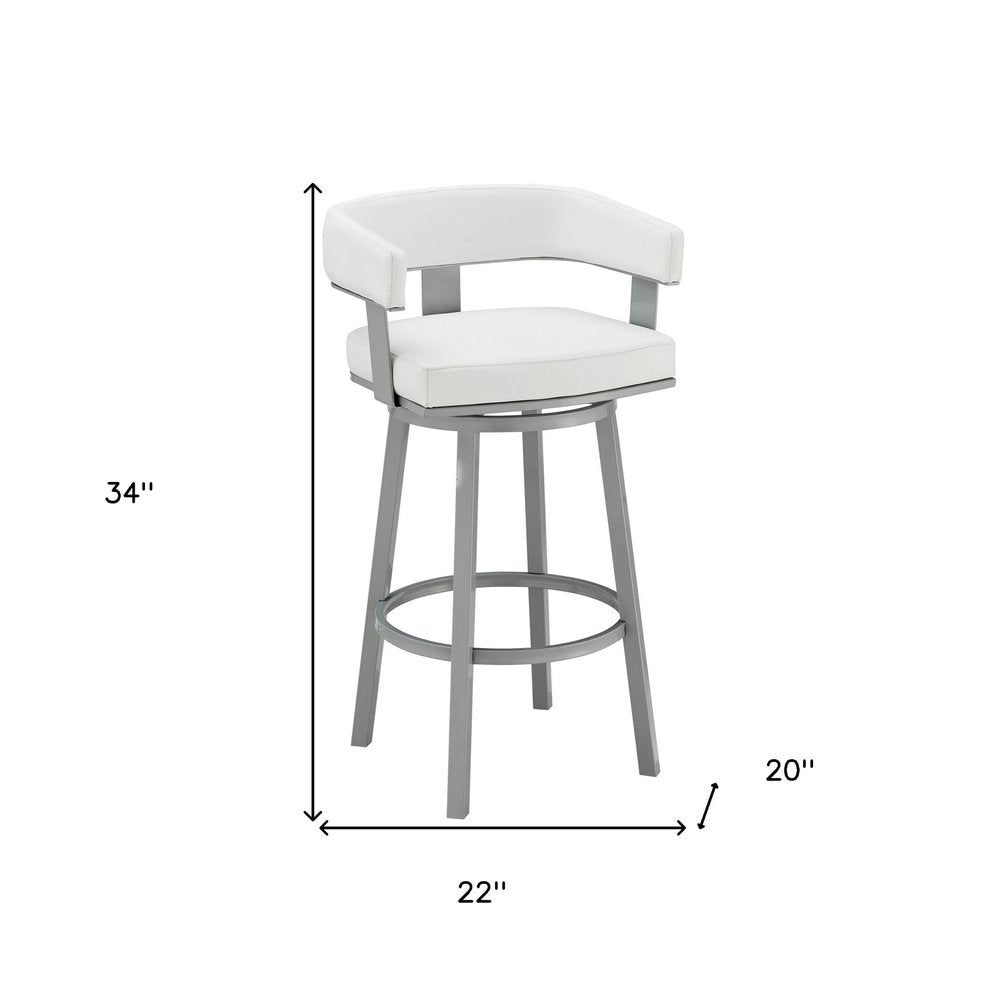 26" White And Gray Faux Leather And Fabric And Iron Low Back Counter Height Swivel Bar Chair