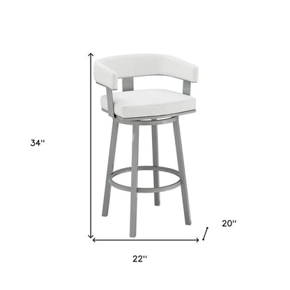 26" White And Gray Faux Leather And Fabric And Iron Low Back Counter Height Swivel Bar Chair