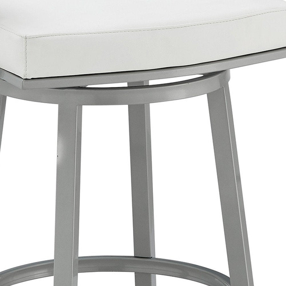 26" White And Gray Faux Leather And Fabric And Iron Low Back Counter Height Swivel Bar Chair