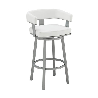 30" White And Gray Faux Leather And Fabric And Iron Low Back Bar Height Swivel Bar Chair