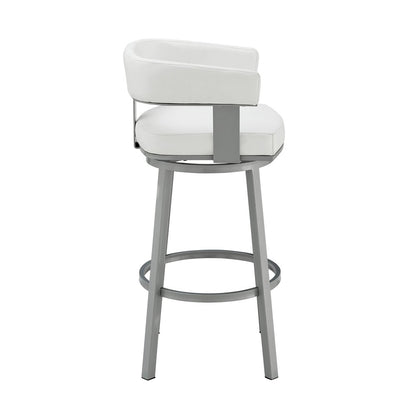30" White And Gray Faux Leather And Fabric And Iron Low Back Bar Height Swivel Bar Chair