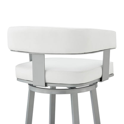 30" White And Gray Faux Leather And Fabric And Iron Low Back Bar Height Swivel Bar Chair