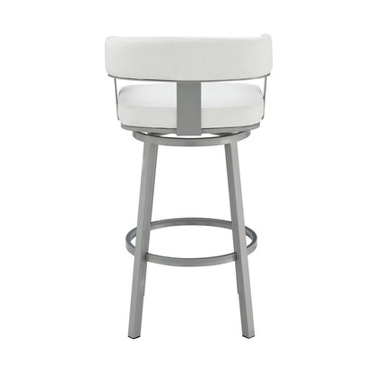 30" White And Gray Faux Leather And Fabric And Iron Low Back Bar Height Swivel Bar Chair