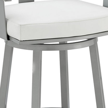 30" White And Gray Faux Leather And Fabric And Iron Low Back Bar Height Swivel Bar Chair