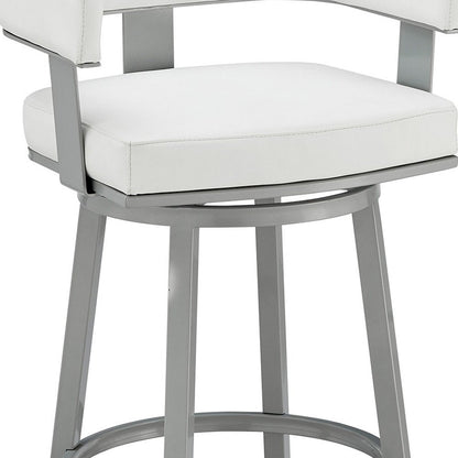30" White And Gray Faux Leather And Fabric And Iron Low Back Bar Height Swivel Bar Chair
