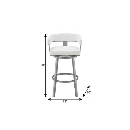 30" White And Gray Faux Leather And Fabric And Iron Low Back Bar Height Swivel Bar Chair