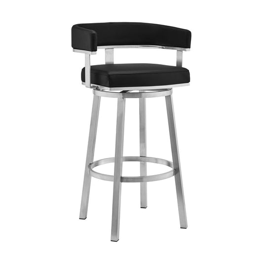26" Black And Silver Faux Leather And Fabric And Iron Low Back Counter Height Swivel Bar Chair