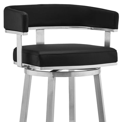 26" Black And Silver Faux Leather And Fabric And Iron Low Back Counter Height Swivel Bar Chair