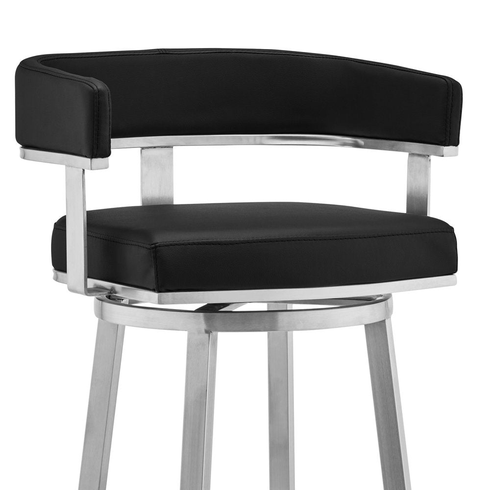 30" Black And Silver Faux Leather And Fabric And Iron Low Back Bar Height Swivel Bar Chair