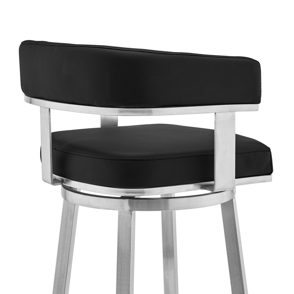 30" Black And Silver Faux Leather And Fabric And Iron Low Back Bar Height Swivel Bar Chair