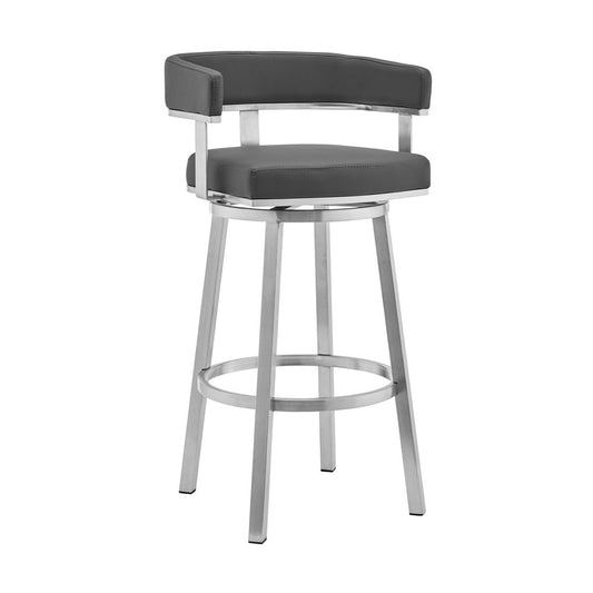 26" Gray And Silver Faux Leather And Fabric And Iron Low Back Counter Height Swivel Bar Chair