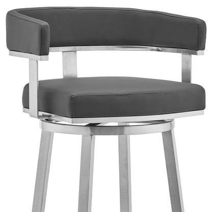 26" Gray And Silver Faux Leather And Fabric And Iron Low Back Counter Height Swivel Bar Chair