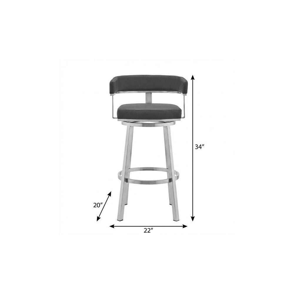 26" Gray And Silver Faux Leather And Iron Swivel Low Back Counter Height Bar Chair