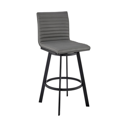 26" Gray And Black Faux Leather And Fabric And Iron Counter Height Swivel Bar Chair