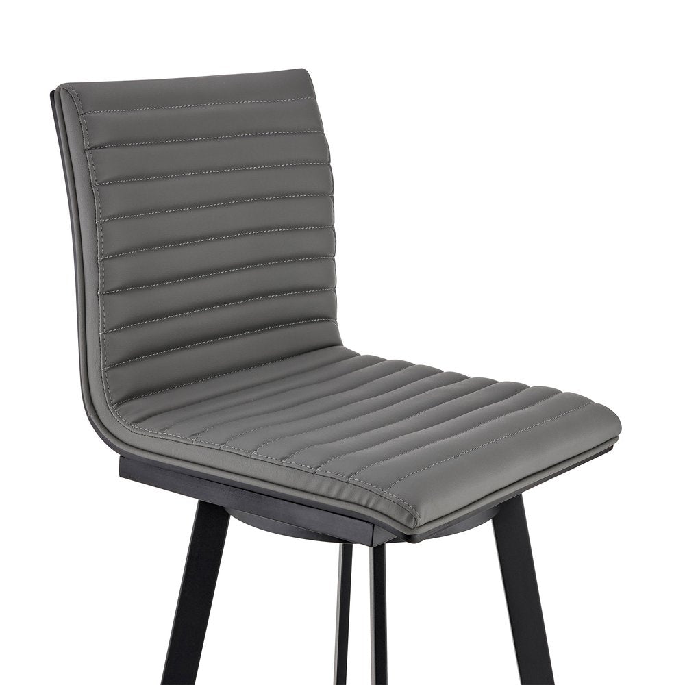 26" Gray And Black Faux Leather And Fabric And Iron Counter Height Swivel Bar Chair