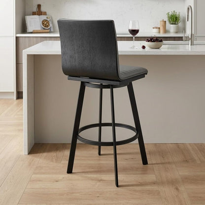 26" Gray And Black Faux Leather And Iron Swivel Counter Height Bar Chair