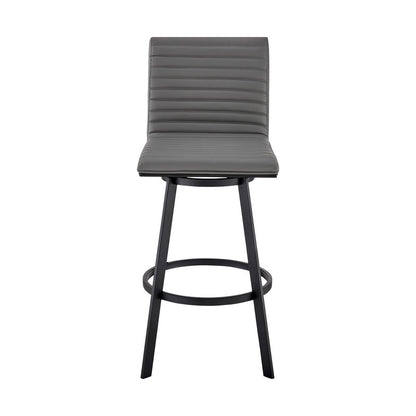 29" Gray And Black Faux Leather And Iron Swivel Bar Height Bar Chair