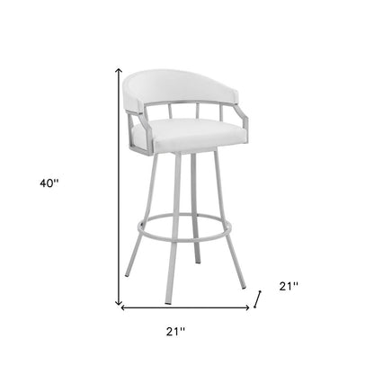 30" White And Silver Faux Leather And Iron Swivel Low Back Bar Height Bar Chair