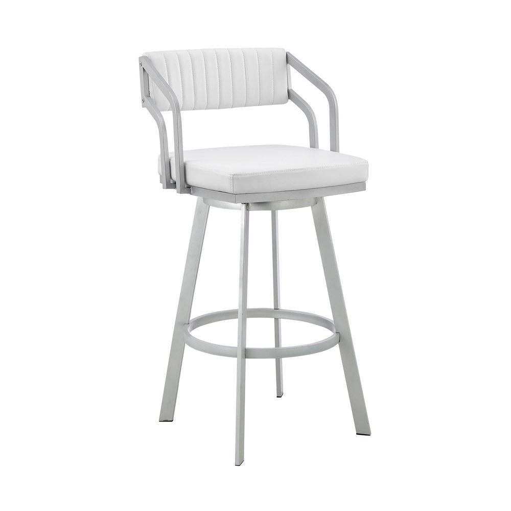 26" White And Silver Fabric And Iron Low Back Counter Height Swivel Bar Chair