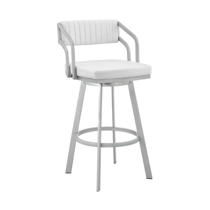 26" White And Silver Fabric And Iron Low Back Counter Height Swivel Bar Chair