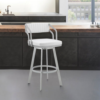 26" White And Silver Fabric And Iron Low Back Counter Height Swivel Bar Chair