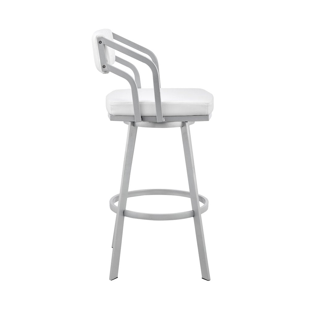26" White And Silver Fabric And Iron Low Back Counter Height Swivel Bar Chair