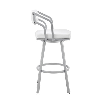 26" White And Silver Fabric And Iron Low Back Counter Height Swivel Bar Chair