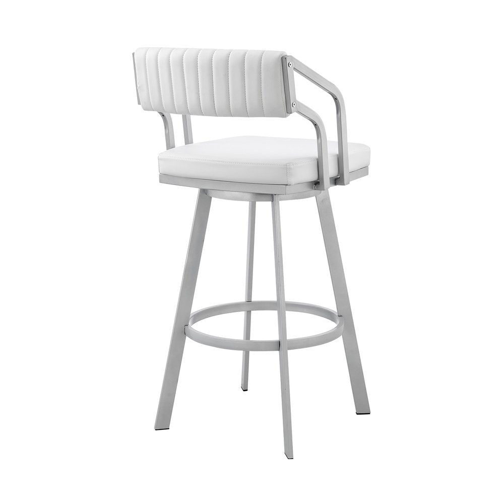 26" White And Silver Fabric And Iron Low Back Counter Height Swivel Bar Chair