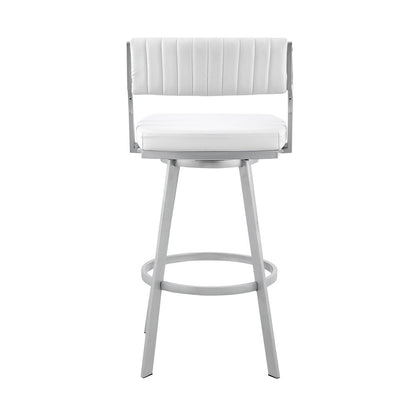 26" White And Silver Fabric And Iron Low Back Counter Height Swivel Bar Chair